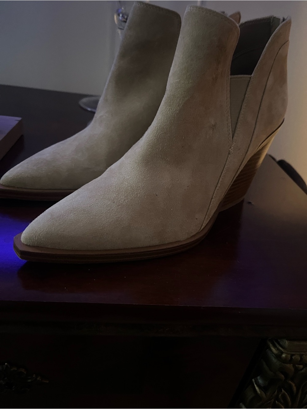 Vince Camuto Pointed Suede Ankle Booties in Light Beige